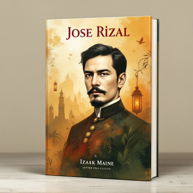 A painterly portrait of Jose Rizal in dynamic, warm tones (rust, gold, and olive green) with brushstroke textures, his face turned slightly as if in mid-conversation, set against an abstract, almost sketched backdrop of the Philippine countryside. The background fades into light, almost ethereal tones as if representing his spirit and intellect. Around him, faint silhouettes of Philippine historical settings—like books, lanterns, and subtle patterns resembling dialogues from his works—are artistically woven into the design.