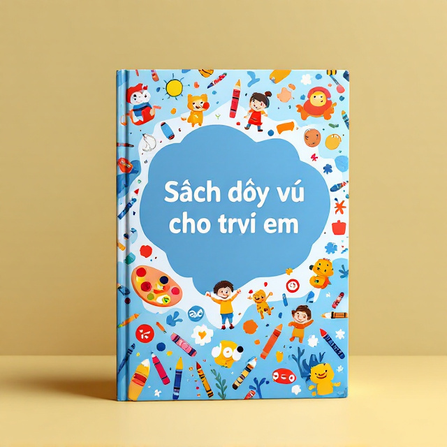 A playful, illustrated blue background with hand-drawn elements like crayons, paintbrushes, watercolor splashes, and playful doodles of shapes and animals arranged diagonally in a cascading style. At the center, the title "Sách dạy vẽ cho trẻ em" is placed prominently within a whimsical paint-palette shape. Various childlike figures, such as a happy child holding a paintbrush, are peppered throughout to exude innocence and joy.