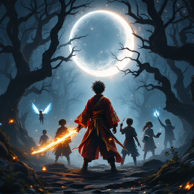 The cover features a dramatic and magical scene set in an enchanted forest at dusk. A glowing crescent moon dominates the top center of the cover, casting a silver light over the silhouettes of ancient, twisted trees. In the foreground, a group of six kids is dynamically arranged in action poses, facing outward as if ready to fight. The central figure is a boy in a vivid red-and-gold kimono, holding a flaming katana that illuminates his surroundings. To his left, a smaller boy hovers slightly off the ground, wings faintly glowing. To his right, a boy with an electrified mace stands powerfully, sparks crackling around him. The other characters – a boy with a sword and shield, a boy with raised fists glowing faintly, and a girl clutching a glowing book – stand in a semi-circle, their faces filled with determination. The background is layered with mist, sparkling stars, and faint swirls of magical energy in purples, blues, and silvers.