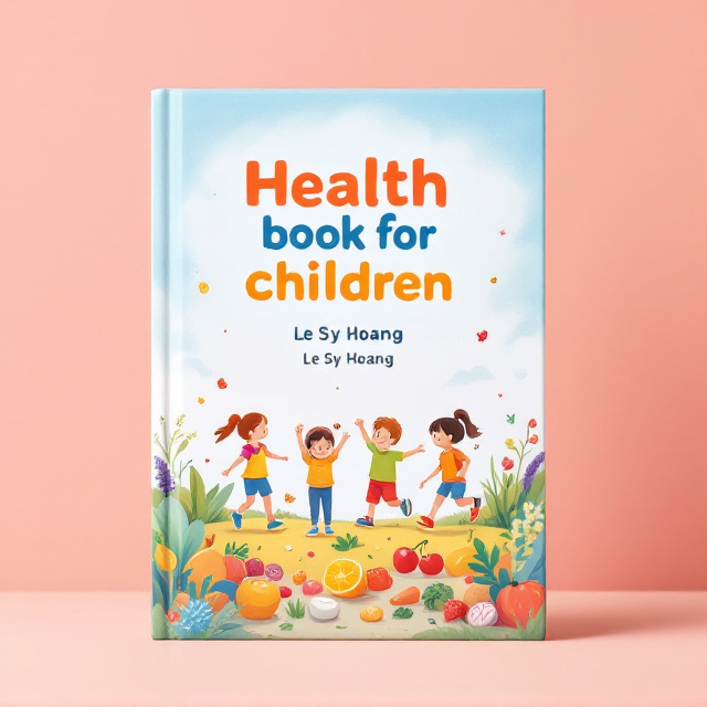 An illustration-focused design featuring clean, vibrant drawings of children playing, exercising outdoors, and eating colorful healthy meals, set against a backdrop of bright blue skies. The title is displayed prominently at the top in large, playful, rounded letters. Scattered illustrations of fruits and vegetables blend into the background, adding a lively touch. A subtle white gradient encircles the illustrations, framing the design and enhancing its clean and fresh impression. Le Sy Hoang's name appears below the title in slightly smaller font, while the publisher logo and price are neatly arranged at the bottom right corner.