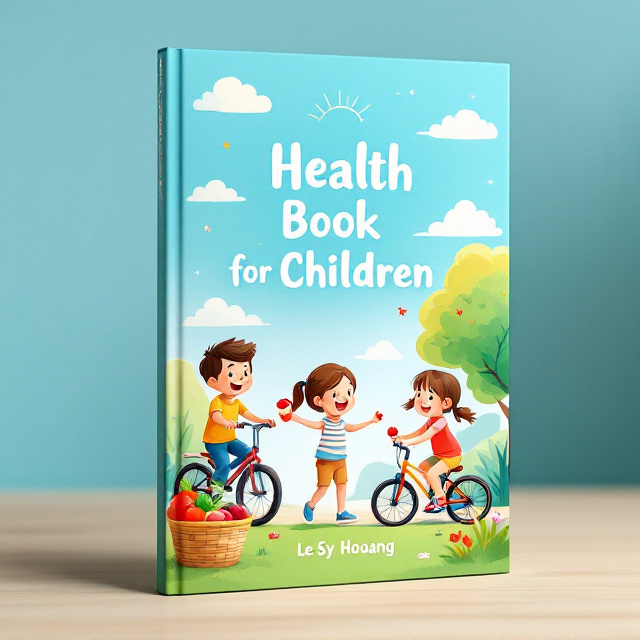 The cover showcases an engaging illustration of three children playing in a park. One child is riding a bike, another is skipping rope, and the last one is eating an apple under a tree. The background is bright blue with playful clouds and a sun shining warmly. A healthy food basket with fresh fruits and vegetables sits in the corner, symbolizing balance. The title “Health Book for Children” is in bold, vibrant letters at the top-center, while the author’s name, “Le Sy Hoang,” is positioned below with a smaller yet visible font.
