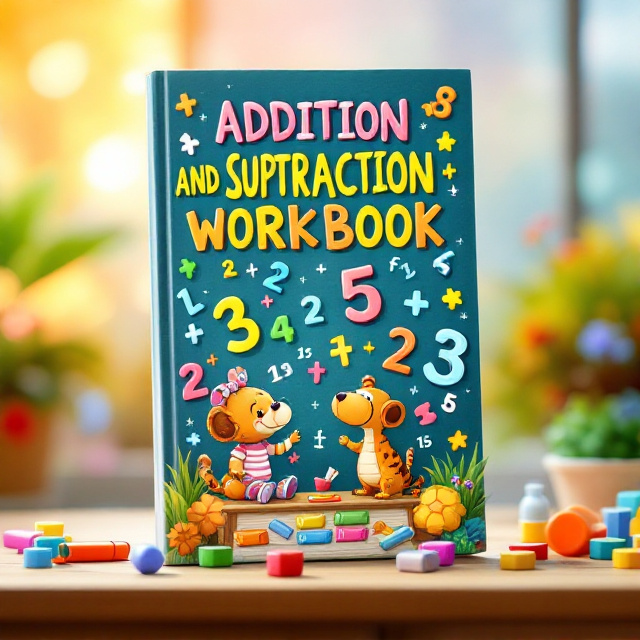 A dynamic and colorful cover featuring cute, playful cartoon characters (like animals or kids) interacting with addition and subtraction symbols. A vivid background, such as a chalkboard or a cheerful, sunlit park scene, sets the tone alongside floating numerical symbols and math-related elements, like rulers or erasers.