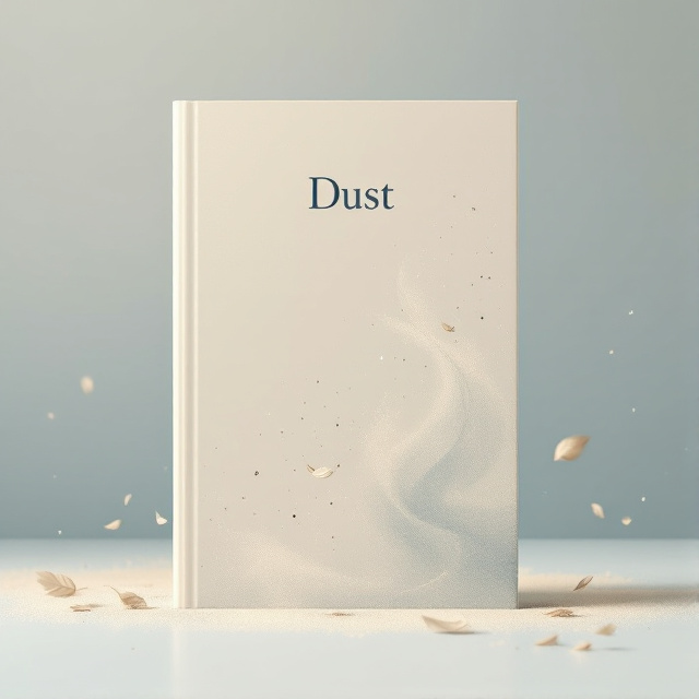 A soft gradient background transitioning from a pale beige to light blue, creating a sense of calmness. The centerpiece is a delicate illustration of dust particles gently swirling in the air, suggesting movement, healing, and softness. Minimalistic leaves or feathers scatter around, symbolizing lightness and resilience.