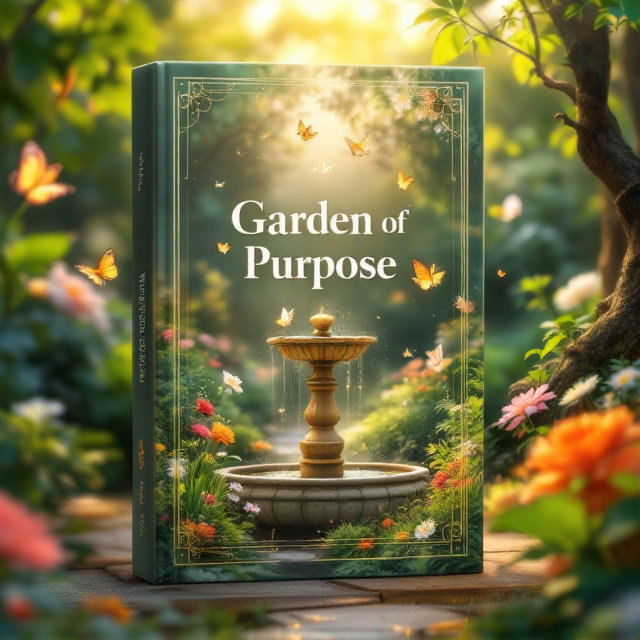 A serene garden with lush greenery, blooming flowers, and a small fountain at the center. Butterflies and birds are subtly added to signify freedom and beauty. A soft golden light illuminates the scene, creating a feeling of warmth and divine presence.
