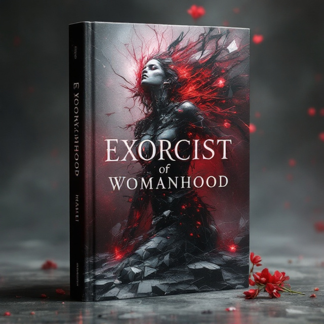 A grotesque, semi-abstract visual of a woman’s body dissolving into distorted, jagged forms that shift between flesh and machinery. Vivid, pulsating reds and muted grays dominate the background, with faint, ghostly silhouettes of blurred feminine figures trapped beneath the surface. A focus on haunting body horror elements blends with ethereal symbols like fragmented mirrors and blooming flowers twisted into unnatural shapes, conveying both torment and transformation.
