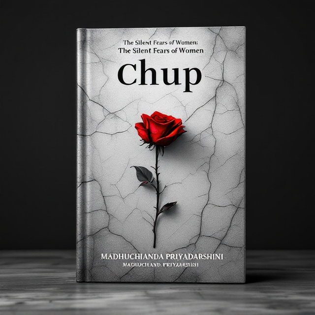 A minimalist black-and-white cover showing a textured, cracked surface to represent the feeling of being "stuck." At the center, a single red rose with wilting petals signifies fragility and silenced emotions. The background is predominantly muted with subtle brush strokes to create a sense of "quiet suffocation" and silence.