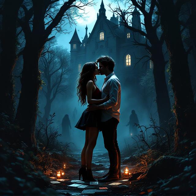 A shadowy background of an eerie forest drenched in muted blues and blacks floods the cover. In the foreground, the silhouettes of the boy and girl kissing passionately take center stage, illuminated by dappled moonlight breaking through the trees. The girl’s detailed figure reveals her black leather mini-skirt, red V-neck top, and cascading chocolate-brown curls, while the boy’s tousled black hair and lean form in his white shirt and black jeans subtly define him. At their feet, tarot cards scatter in golden highlights, herbs draw faint outlines, and a weathered Ouija board peeks into the frame. Behind them, the asylum looms, eating up space with its dark, ivy-covered gothic presence, windowlight glinting faintly. Sinister shadowy figures with hollow, glowing eyes lurk among distorted tree trunks in the dark forest for a haunting edge.