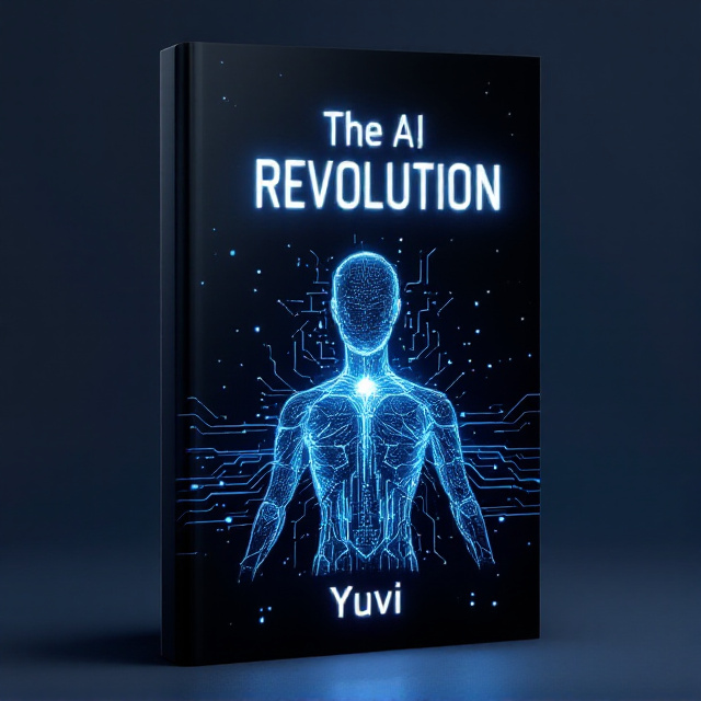 A sleek, futuristic design featuring a high-tech humanoid AI figure made of shimmering metallic light patterns, emerging from a neural network-like background. The backdrop consists of deep gradients transitioning from electric blue to dark black, with scattered glowing circuit lines to add a sense of technological complexity and motion. A glowing pulse of light begins at the center of the humanoid, symbolizing AI emergence and the revolution mentioned in the title.