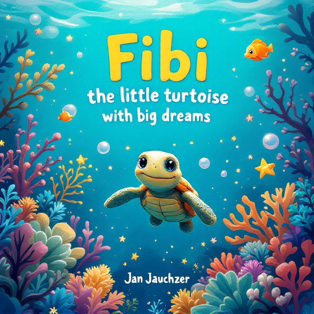 Fibi, the little tortoise, is front and center, depicted with a joyful expression, swimming towards the cover’s audience. Her small, determined figure is surrounded by a vibrant underwater seascape, including colorful corals, playful fish, and delicate bubbles rising to the surface. Magical elements like tiny glowing stars intermingle with underwater plants, adding a whimsical touch. The turquoise ocean background shifts from a lighter shade at the top to a deeper blue at the bottom, creating depth and movement.