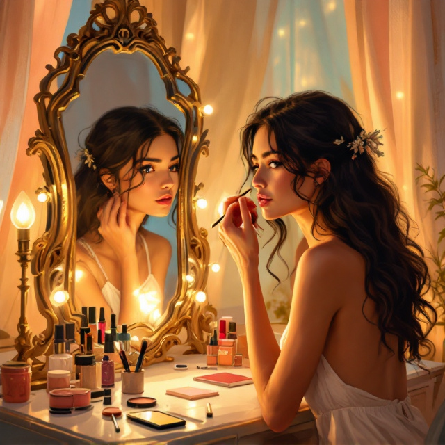 The cover features Cailey, seated in front of an ornate, vintage mirror at her vanity. Her face is softly illuminated by the warm light from a desk lamp, casting a golden hue across the scene. Cailey’s reflection shows her slightly flustered expression, her makeup brush paused mid-swipe, as if caught in thought. Her slender frame, tanned skin, and dark hair are elegantly portrayed in a painterly, semi-realistic illustration style. Her phone, placed on the table beside scattered makeup products, emits a faint glow from an unseen notification. Golden and peachy tones blend harmoniously into the background, with hints of soft blush pink and muted beige fading around the edges to give the composition a dreamlike, artsy finish.