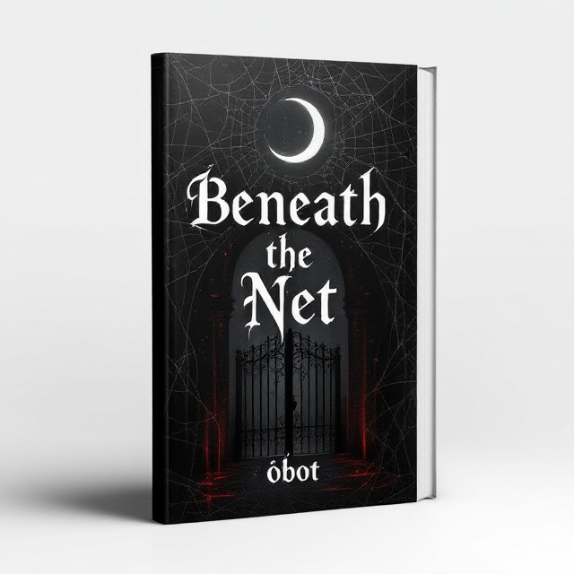 A deep black background with subtle textures of a spiderweb growing from the corners and extending toward the center. A shadowy crescent moon glows dimly in the upper left corner, giving off a faint silvery light. In the center, hidden beneath layers of webbing, there is a faint silhouette of old, Gothic iron gates, partly obscured. Elegant dripping details accentuate elements of the design, adding a mysterious allure. A touch of faded blood-red smears is present near the bottom for intrigue.