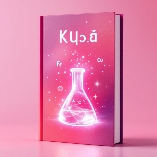 A vivid pink background with softly blended gradients, featuring a central, glowing flask and test tube interlocked in a dynamic motion, surrounded by abstract icons representing transition elements like metallic symbols (e.g., Fe, Cu). The design radiates energy with sparkling effects emanating from the scientific glassware, symbolizing discovery and experimentation.