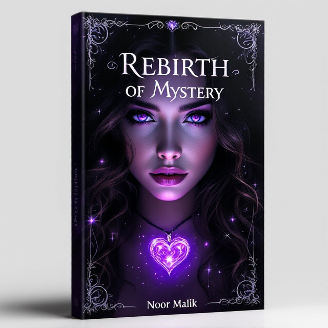 The cover features a close-up of the 18-year-old girl’s face as its central focus. Her mesmerizing purple eyes are glowing faintly, and her cascading dark brown wavy hair flows seamlessly into the black and purple gradient background. The magical heart-shaped violet pendant around her neck is illuminated with a misty magical aura, radiating swirls of light. Delicate, soft sparkles surround the necklace, trailing upward to add a sense of enchantment. The corners of the cover are filled with subtle swirling motifs resembling magical runes in faint, barely visible silver.