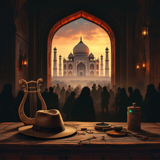 The cover portrays a dimly lit, warm-toned medieval-style tavern bustling with shadowy figures in the background, evoking an adventurous and mysterious vibe. The central focus is a weathered wooden table occupying the lower half of the cover, featuring a well-worn traveler’s hat resting next to an intricately crafted ocarina and a beautiful lyre. In the upper background, visible through a large, arched, open tavern window, the tranquil silhouette of the Taj Mahal glows serenely against a twilight sky tinged with shades of orange and purple. Subtle green accents on the lyre and ocarina suggest envy and magic subtly entwined within the scene.