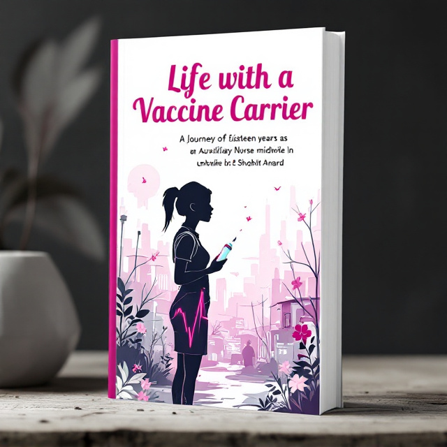 The cover features a silhouette of a female figure in uniform, symbolizing the Auxiliary Nurse Midwife, holding a vaccine carrier. The background shows an urban slum in minimalistic line art, with rays of light breaking through, symbolizing hope and inspiration. There are subtle textures of both chaos (to denote challenges) and blooms (to symbolize courage and growth). A lifeline pulse runs through the lower third, blending into the title. The overall tone is set with a mix of magenta and white gradients, evoking a sense of compassion, hope, and energy.