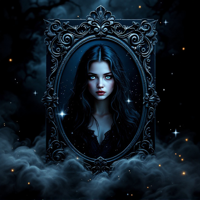 The cover features a large, ornate mirror taking center stage. The mirror's frame is intricately designed, with gothic black swirls that hint at an enchanted or cursed object. The reflection within the mirror shows a girl with long, dark-black hair cascading down her shoulders. Her piercing icy blue eyes stand out as the most prominent feature, glowing faintly in the dim light. The background outside the mirror is a void of inky blackness, with faint mist swirling around the edges, adding an air of mystery. Subtle sparkles of silver light hover near the mirror, suggesting magic or another realm.
