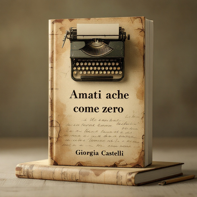 A sepia-toned photograph of a vintage-type writer, placed slightly off-center at the top. Below it is an out-of-focus faded image of an old notebook with handwriting, combined with soft, dreamlike overlays. The background blends beige and soft pastel brown tones to evoke a nostalgic, worn texture. A gentle vignette subtly frames the composition to guide focus toward the center.