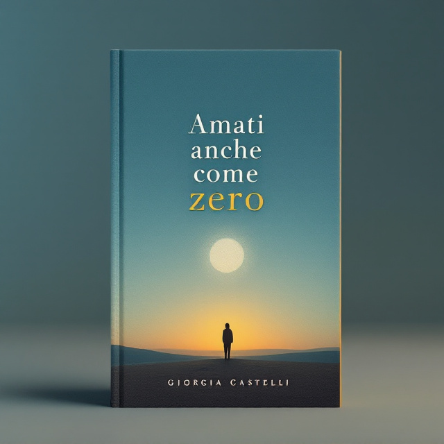 A solitary figure stands confidently on an empty, muted landscape at sunrise, symbolizing renewal. The figure’s silhouette is minimalistic, placed at the center of the cover. The background gradient transitions from deep blue at the edges (representing past struggles) to soft orange and yellow near the figure (symbolizing hope and determination). The title, “Amati anche come zero,” is depicted as floating numerals forming a subtle circle around the figure’s head, visually tying the theme of "zero.".
