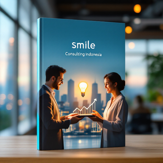 The cover features a modern, light-filled office space with floor-to-ceiling glass windows revealing a bustling city skyline in the distance. In the foreground, two diverse, professional individuals are engaged in an animated yet warm conversation. One is holding a sleek tablet displaying a glowing upward-trending graph, while a stylized, softly glowing light bulb hovers subtly between them, representing innovative ideas. A minimalist bridge graphic subtly weaves through the bottom half of the cover, connecting the figures and creating a visual flow. The logo of "Smile Consulting Indonesia" is centrally aligned at the top, framed with clean lines. A warm, inviting blue-and-white gradient serves as the background, accented with soft golden highlights to evoke trust and optimism.