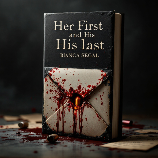 A black backdrop with a tinge of smoky gray gradients. Centered prominently is a blood-soaked ivory envelope, its edges charred and stained. A bullet hole pierces through the center of the envelope, with dried blood traces oozing outward from the hole. Beside the envelope, treated subtly as an accent, is a torn love letter partially visible with words faintly outlined in faded red ink. Drops of blood spatter the surrounding area. A dim and flickering light effect gives the visual a cinematic thriller-centric allure, with a shadow of a gun barely visible in the bottom right corner.