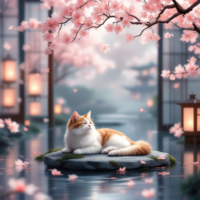 A serene Japanese garden scene with a soft, painterly aesthetic dominates the book cover. The central focus is a peaceful, hand-painted Japanese Bobtail cat with a fluffy tail, lounging under a blooming cherry blossom tree. The background subtly includes elements of sliding paper doors and a distant pagoda. A gentle glow of lanterns in the background adds warmth and a magical allure, creating a sense of tranquility and fantasy.
