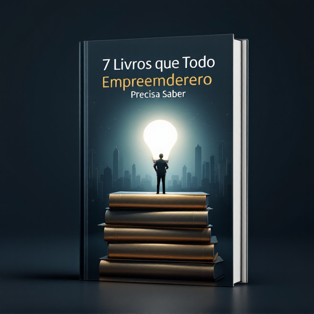 A stack of sleek, modern books, with metallic gold spines, placed prominently at the bottom center of the cover. Above the stack, a glowing white light bulb hovers, radiating soft light, symbolizing innovation and ideas. In the background, a subtle silhouette of a determined entrepreneur stands in a suit, gazing at a horizon filled with faint outlines of upward-trending arrows and city buildings. The background fades from a deep navy blue (at the top) to pure black (at the bottom), creating depth and elegance. The title is boldly displayed across the midsection, with smaller graphics of growth charts and symbols of success subtly integrated without crowding the design.