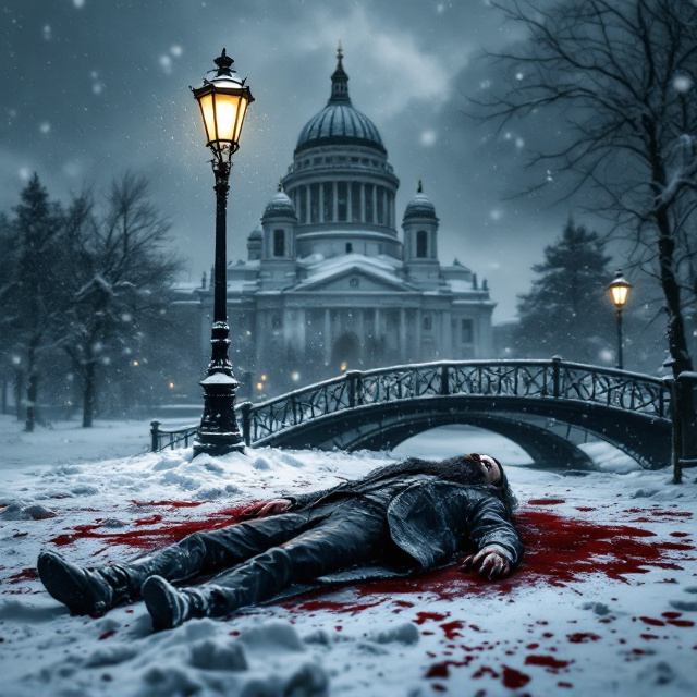 A grim, snow-covered scene set in Petrograd (historical St. Petersburg). On the foreground, the dead man with a long, dark beard lies amidst a pool of blood, starkly contrasting against the white snow. The dim yet eerie glow of a lamppost illuminates his lifeless form, casting shadows on the snow. Falling snow creates an ethereal, somber mood, while the small curved bridge is placed in the midground to subtly draw the viewer's eye. Saint Isaac's Cathedral looms in the background, its majestic dome obscured by dark clouds and falling snow, evoking mystery and foreboding.