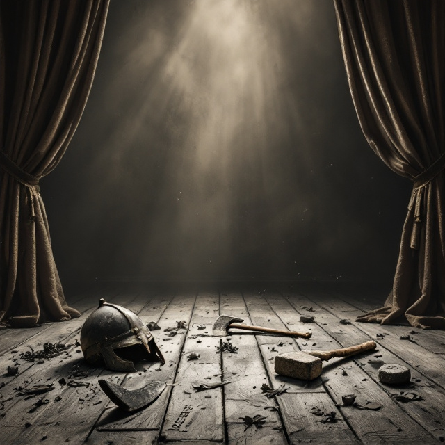 The book cover features an 1800s-style European stage with faded, dusty curtains pulled halfway open. Lying on the wooden stage floor is a scattered collection of Viking items, such as a battle-worn helmet, a rusted axe, and a small rune-inscribed stone. These items, cast in dim, cool-toned lighting, have a shadowy, abandoned look. In the background are faintly visible faded stage props from a Henrik Ibsen production—a chair and a theatrical mask—which further evoke the theme of comparing Norse legends to 19th-century Scandinavian drama. The atmosphere feels muted, with sepia tones dominating the color palette, emphasizing boredom and antiquity.