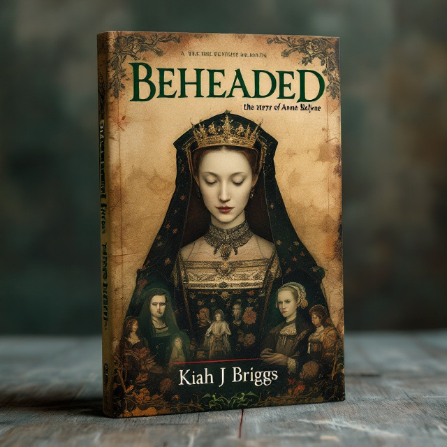 A hauntingly beautiful cover that prominently features a blend of classic portraits of Anne Boleyn—the iconic one from the National Portrait Gallery alongside artistic interpretations from "Six" (the musical)—fused together into a soft collage. The background is textured with aged parchment imprinted with Tudor rose patterns. A faint overlay of green adds a regal touch. At the center, a spectral crown floats just above the title, hinting at Anne's tragic downfall. A blood-red line discreetly cuts across the bottom, symbolizing the beheading.
