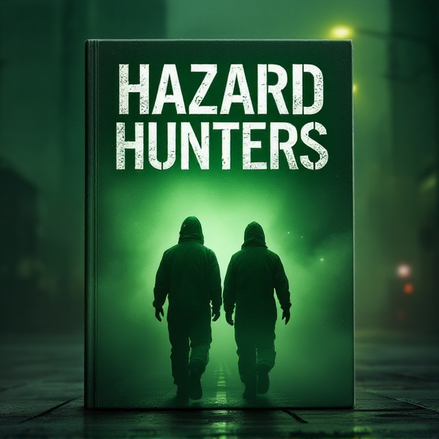A dark and foggy urban background, with a slight green hue to mimic the reflective light of hazardous materials signs. Two figures in hazmat suits are prominently placed in the center, facing away from the viewer, walking cautiously into the eerie mist. The Toyota symbol appears subtly integrated into the backdrop, perhaps as a reflective logo on a nearby vehicle or machine, blending naturally into the scene. Sparse light sources, like streetlights or glowing danger warning signs, add a dramatic and foreboding atmosphere.