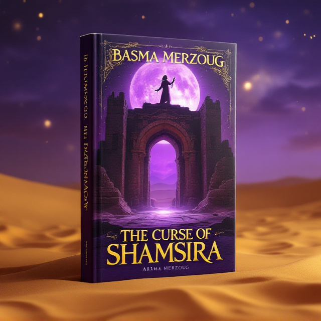 A mystical desert scene with soft golden yellow sands of the Sahara fading into the horizon. In the foreground, ancient ruins of a crumbling arches tower over the dunes, illuminated by a glowing purple moon. The purple sky is littered with faint sparkling stars, brushed with hints of golden clouds. A faint silhouette of a figure holding a curved blade (Shamsira) stands atop the ruins, shrouded in mystery. Ethereal purple light emanates subtly from the cracks in the ruins, creating a sense of magical allure.