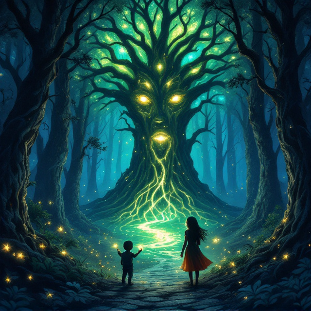 A deep forest scene at nighttime dominates the cover. Surrounding the siblings in the foreground are towering, shadowed trees with faintly glowing mystical faces etched into their bark. The magical green and blue lights cut through the deep blues dominating the forest, creating an ethereal atmosphere. The siblings, the girl holding the ancient glowing map, are illuminated by its golden light. Fireflies surround them, their tiny orbs shimmering like stars. The mysterious path stretches deeper into the forest, leading the eye to an enormous ancient tree with glowing, intertwining roots faintly visible in the background. The slight haze and soft transitions between light and shadow lend the design a semi-realistic, dreamlike quality.