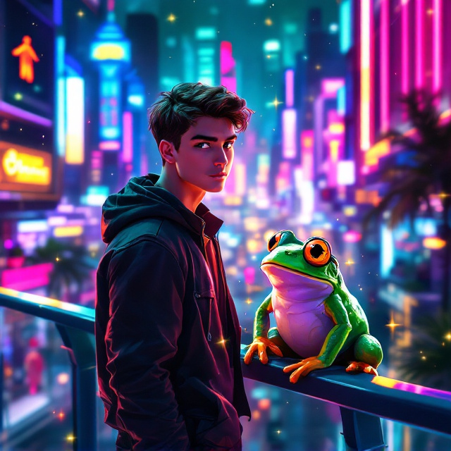 The cover showcases a vibrant, neon-lit cyberpunk cityscape in the background, illuminated with glowing holographic ads and futuristic architecture. The foreground features the muscular teenage boy standing on a sleek, polished patio railing. Sitting on his shoulder is the tiny frog, Burple, with his bowl-cut hair, small orange-tinted mustache, and quirky top hat that hints at his exposed brain. The boy has a mix of wonder and determination in his expression as his gaze locks onto the futuristic city. Subtle particle effects, like floating sparks and a faint glowing haze, add depth to the scene.