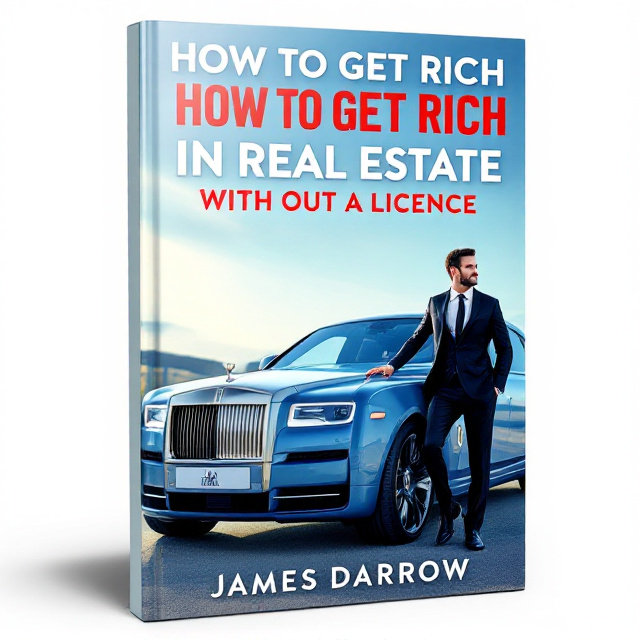 A sleek Rolls Royce Phantom in soft blue tones dominates the center of the cover, angled slightly so that the open rear door is fully visible. A well-dressed gentleman in a sharp black suit and tie stands confidently beside the car, one foot resting on the front bumper. The sky in the background is a bright, sunny gradient in soft blue, with subtle rays of light creating a happy and aspirational feel. The title is prominently displayed at the top in bold, modern font, with "HOW TO GET RICH" in red for emphasis, while the rest is in white. The author’s name, “JAMES DARROW,” is placed in smaller text at the bottom in elegant red serif font. Small, subtle accents of red are incorporated throughout, including on the rear tail lights of the Rolls Royce and the gentleman's tie.