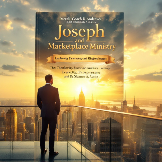 The central image showcases a modern-day Joseph figure in a tailored dark navy business suit, standing confidently on the edge of a glass high-rise balcony. The figure faces outward, overlooking a dazzling city skyline bathed in the golden hues of a sunrise. Soft rays of light pierce through scattered clouds, with a subtle overlay of ancient scroll text blending into the sky above. The ethereal golden light creates a spiritual and inspirational tone, symbolizing divine guidance.