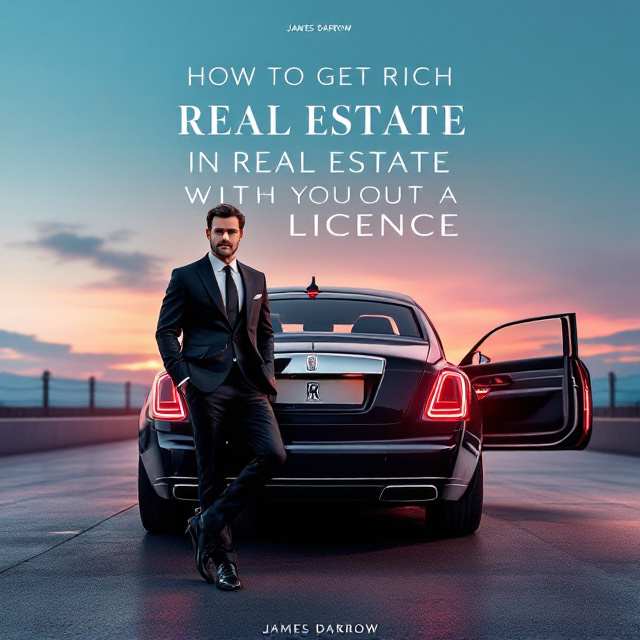 A sleek, polished Rolls Royce Phantom is centered in the frame, parked at an elegant location. The car's rear door is open, and a confident gentleman in a black suit and tie is standing in front of the car with one foot on the bumper, radiating success and charm. A soft blue gradient sky serves as the background, giving a calming yet prosperous feel, while a subtle hint of red is used in the taillights and for small details on the car. A luxurious, soft vignette frames the scene, drawing the focus to the central figure and automobile.