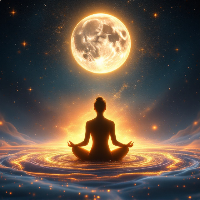 A tranquil figure in a seated meditative posture, their serene silhouette bathed in a glowing aura of soft golden light. They rest atop a swirling cosmic nebula that stretches across the lower half of the cover. Above, a majestic full moon with subtle detailing dominates the upper center, casting a peaceful glow onto the figure. Around the moon and nebula, there's a star-speckled sky interwoven with subtle celestial symbols and holographic patterns that shimmer faintly. Dreamlike gradients of deep blues, radiant purples, and touches of shimmering gold form the background, imparting an ethereal harmony.