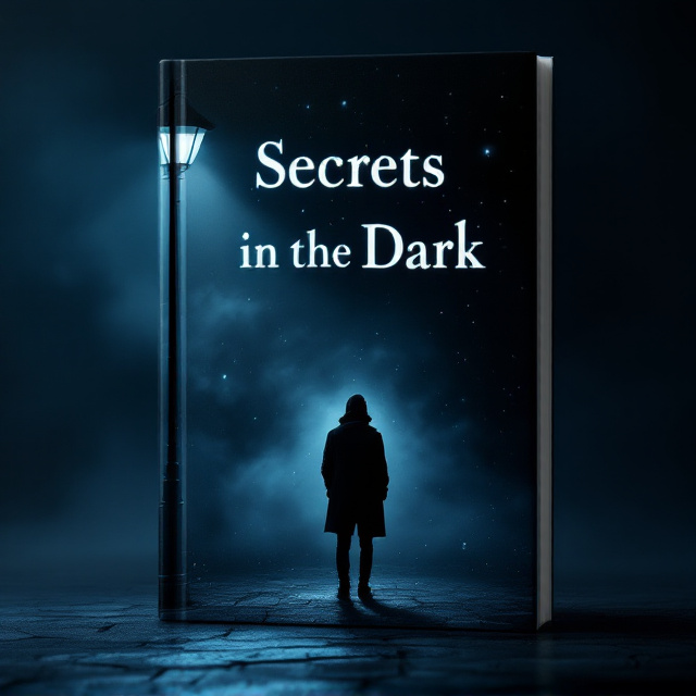A shadowy silhouette of a figure standing under a dimly lit streetlamp is set against a black background that gradually fades into a deep, mysterious blue at the edges. Wispy fog swirls around, partially obscuring the figure and hinting at secrets hidden within. The streetlamp itself casts faint illumination, creating a sense of depth and intrigue. A subtle texture of cracked glass overlays the design, amplifying the tone of mystery. Small, scattered glowing particles give a sense of something otherworldly or eerie.