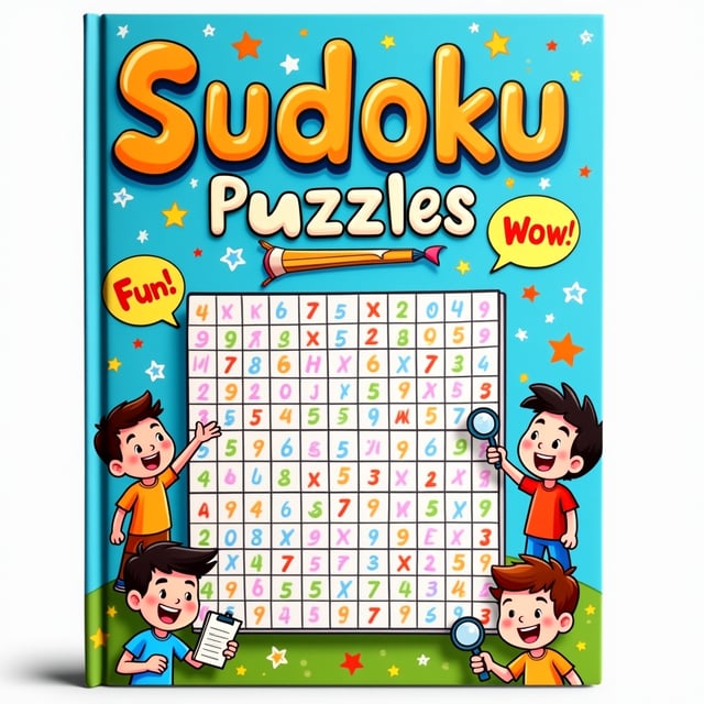 A vibrant and colorful cover featuring a large, partly solved 9x9 Sudoku grid in the center. Surrounding the grid are playful cartoon-style illustrations of kids laughing, solving puzzles, and using magnifying glasses. Bright colors like sky blue, orange, green, and yellow dominate the palette. A whimsical, doodle-filled background incorporates stars, pencils, and speech bubbles with "Fun!" and "Wow!" text, creating an adventurous and exciting theme.