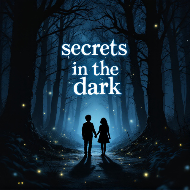 A shadowy forest at night, where the black in the foreground fades into a deep, mysterious blue background. The forest has tall, gnarled trees with faint streaks of moonlight filtering through the canopy. In the center of the composition, two silhouettes—a young boy and girl—stand hand in hand, casting long shadows. Floating around them are soft glimmers of faint light, resembling fireflies or supernatural orbs, creating a sense of magical mystery.
