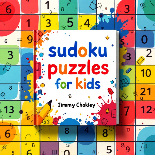 A vibrant, colorful grid composed of 2D puzzle shapes (such as numbers and abstract blocks that hint at Sudoku), scattered playfully across the cover. Each section of the grid is outlined in bold colors (red, blue, yellow, green) with pencil and crayon doodles subtly filling blank sections. A splashy burst effect surrounds the title, adding energy and excitement.