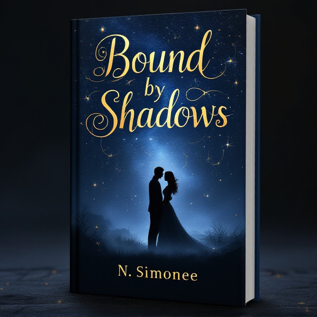 A silhouetted couple standing close together beneath a canopy of ethereal starlight, as shadows swirl around them in intricate patterns. The background transitions from deep black in the bottom corners to a rich, starlit navy blue at the top. Gold accents trace some of the swirling shadows and form faint, glowing constellations in the sky. A soft mist hovers near their feet, creating a mystical aura.