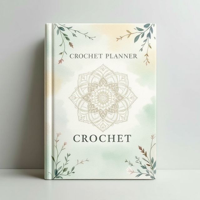 A soft, textured, watercolor-style background in shades of calming green and pastel yellow. Centered on the cover is a simple yet elegant sketch of a crochet mandala pattern in white, surrounded by delicate hand-drawn botanical elements like vines, leaves, and flowers in faded, complementary colors. The cover gives a balanced, symmetrical feel without any 3D effects or living elements.