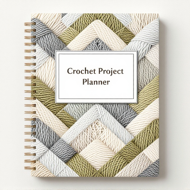 A flat, 2D grid with a clean, geometric chevron-style pattern made of yarn-inspired textures and subtle neutral tones (beige, soft gray, and light olive green). The elements resemble organized skeins of yarn stacked in a consistent repetitive layout. The background is plain with soft texture detailing that mimics the feel of crochet material. The title, "Crochet Project Planner," is centralized in a rectangular frame resembling a label stitched with a minimalist, thread-line border.