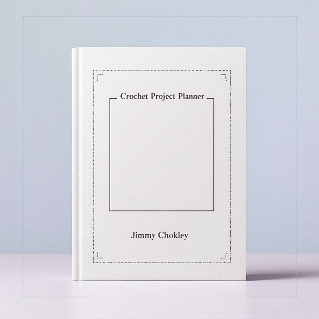 A clean, minimalistic background in a soft pastel color, such as light lavender or pale blue. Overlayed on the top and bottom edges are subtle dotted patterns resembling the stitching of crochet projects. A rectangular placeholder for interior representation is placed in the center, bordered by fine dashed lines to emulate a sewing or crafting aesthetic. The title and author text are prominently displayed within organized geometric boxes for a structured, professional look.