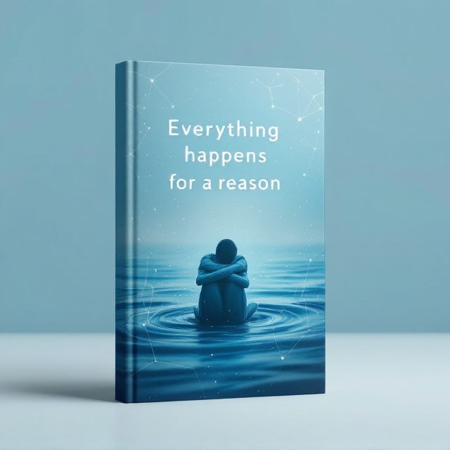A serene sea-blue gradient background that transitions from deep blue at the top to lighter shades toward the bottom. In the center of the cover, an abstract, faint silhouette of a person sitting with knees hugged against their chest, surrounded by soft waves or ripples, symbolizing emotion and turmoil. Overlaying the waves are fine white lines forming interconnected constellations, representing the idea of finding meaning in chaos.
