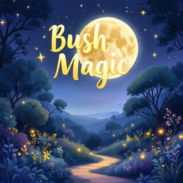 An illustrated Australian bush at twilight filled with eucalyptus trees and wildflowers, showcasing a dreamy, magical ambiance. Stars dot the bluish-purple sky, and a large, radiant moon hangs low, casting a soft glow over the landscape. Hidden among the foliage are whimsical, glowing orbs, mimicking small magical lights. A path winds into the bush, inviting the reader to explore the enchanted setting.