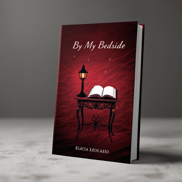 A dark wine red background with a texture of subtle, almost imperceptible ripples, resembling fabric or waves of emotion. In the center, a silhouette of a small bedside table is depicted with intricate lines, holding a vintage-style lamp, a pair of glasses, and an open book slightly tilted. The silhouettes appear in muted black with soft shadows cast below them. A faint, hazy impression of tears cascading diagonally creates an added sense of melancholy without being overwhelming.