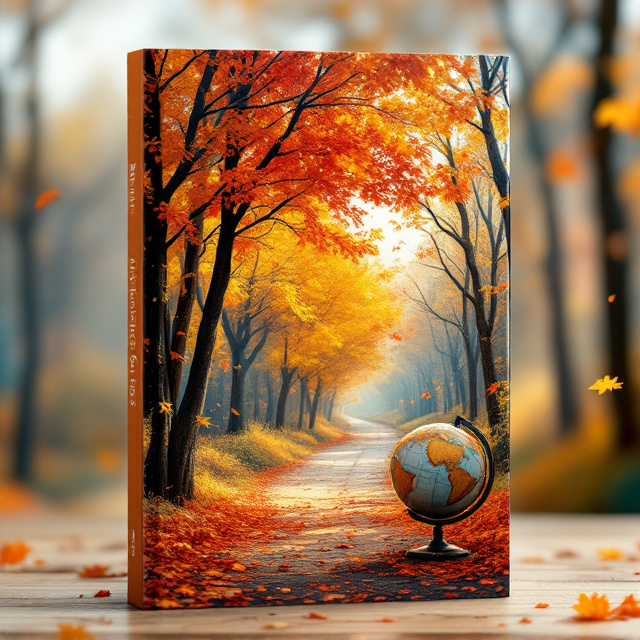 A scenic autumn pathway lined with vibrant orange, red, and yellow trees dominates the cover. A rustic globe stands in the foreground on the bottom-left, while falling leaves gently scatter across the design. A soft sunlight glow filters through the trees, creating a sense of warmth and positivity. Complementing the scene, a subtle dotted pattern overlays the background, evoking the feel of a travel journal.