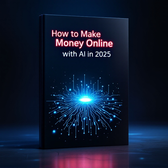 A futuristic, minimalist design with a central glowing AI circuit web spreading outwards over a dark gradient background, transitioning from deep blue to black. Subtle digital currency symbols (like a Bitcoin icon, dollar signs, or blockchain nodes) are lightly scattered across the background, softly glowing. At the top center, the title "How to Make Money Online with AI in 2025" is bold and radiant, glowing in neon hues. The design features sleek geometric shapes to suggest innovation and technology.